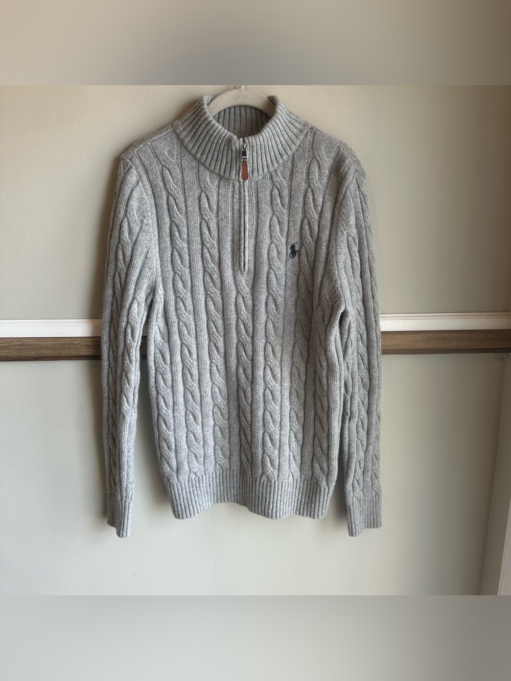Ralph Lauren Sweater Gray Wool Blend Cable Knit 1/4 Zip Fisherman